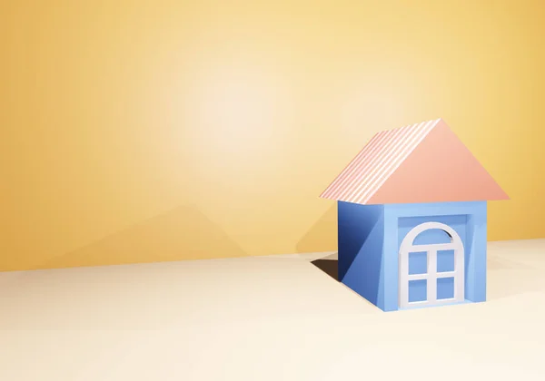 Blaues Cartoon Haus Auf Gelbem Hintergrund Mit Licht Und Schatten — Stockfoto