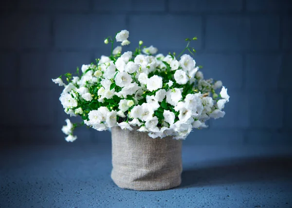 Buquê Flores Vaso Fundo Azul Luz Desbotamento — Fotografia de Stock