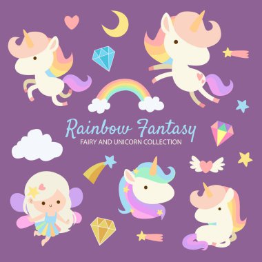 Elmas ve rainbow ile oldukça renkli peri ve tek boynuzlu at koleksiyonu