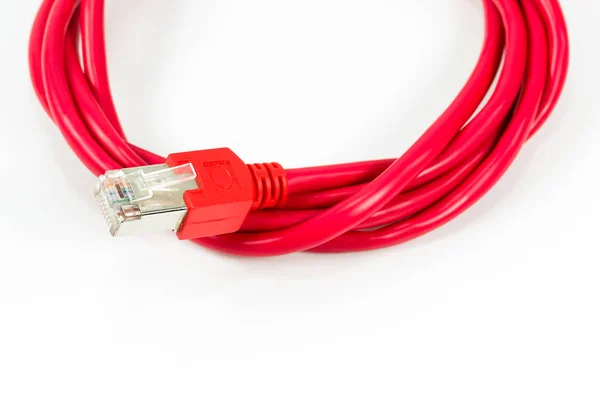 Cabo Remendo Vermelho Com Conector Rj45 Isolado Fundo Branco — Fotografia de Stock