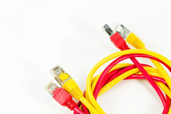 Cables Conexión Rojos Amarillos Con Conector Rj45 Aislado Sobre Fondo —  Fotos de Stock