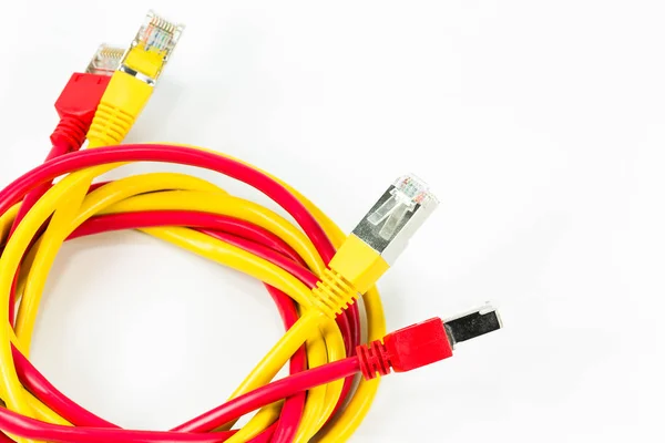 Cables Conexión Rojos Amarillos Con Conector Rj45 Aislado Sobre Fondo —  Fotos de Stock