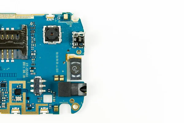 blue smartphone circuit board showing camera and sim card slot