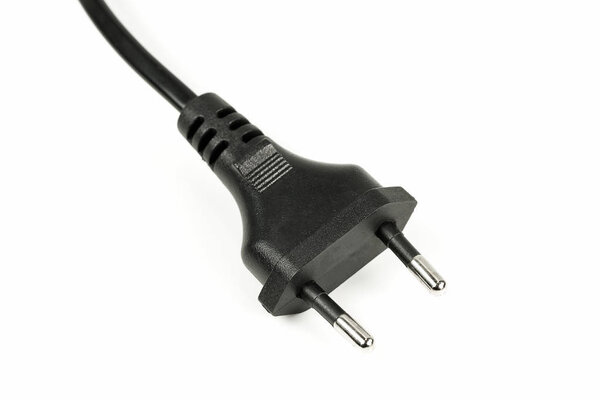 AC power plug, flat two-pole, round-pin Europlug (CEE 7 / 16) isolated on white background
