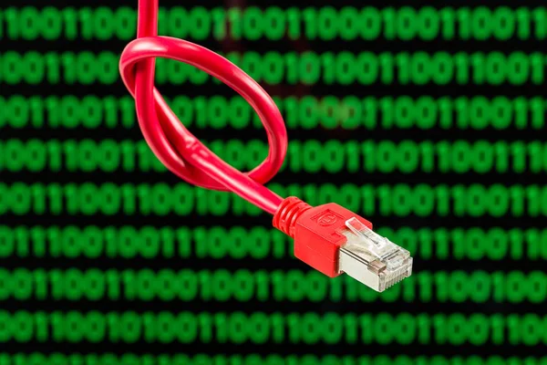 Red Patch Cable Rj45 Connector Knot Computer Screen Digits — Stock Photo, Image