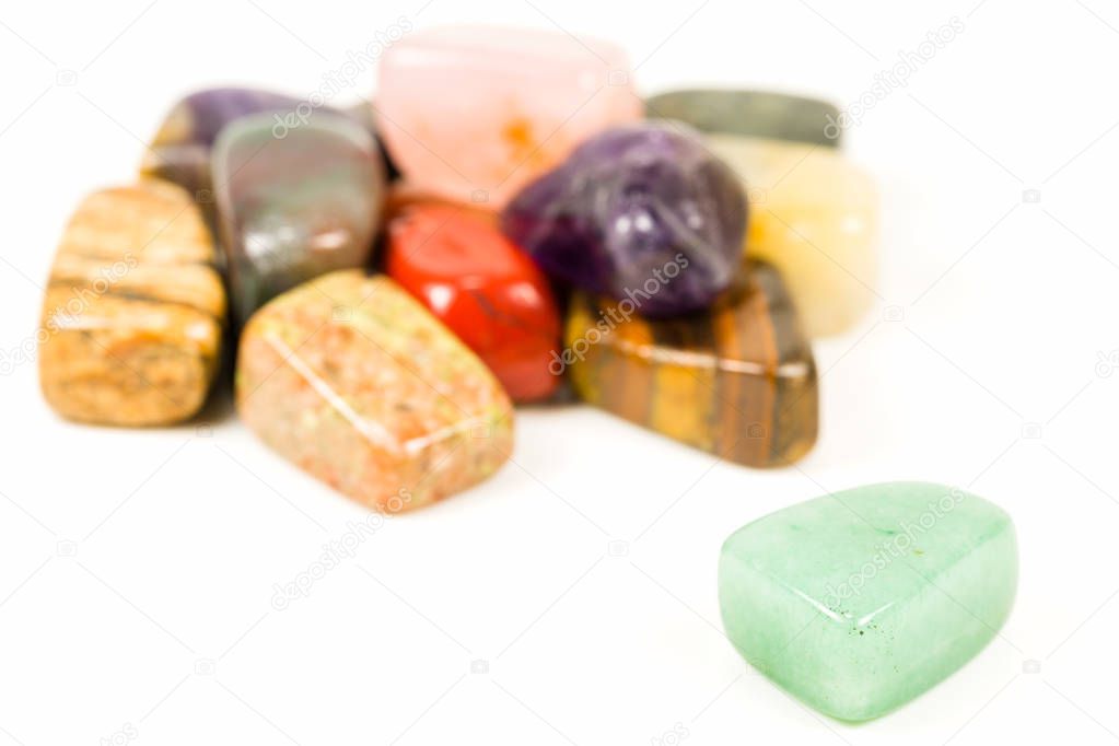 tumbled stones for crystal therapy treatments and reiki with copy space