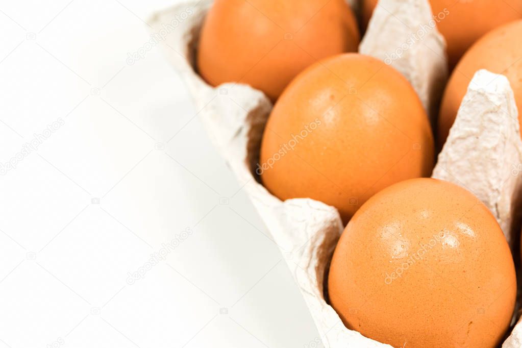 cardboard egg box with brown eggs isolated on white background