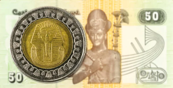 Libra Egipcia Moneda Agianst Libra Egipcia Billete Banco Reverso —  Fotos de Stock