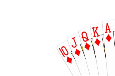 Poker el royal flush beyaz arka plan üzerinde izole elmas