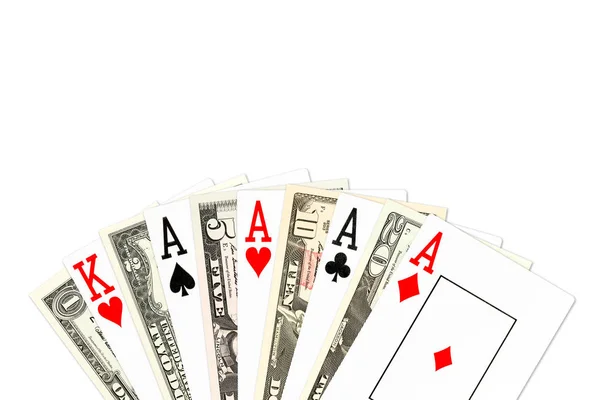 Poker Hand Four Kind Aces Dollar Bank Notes Mixed — Stock Photo, Image