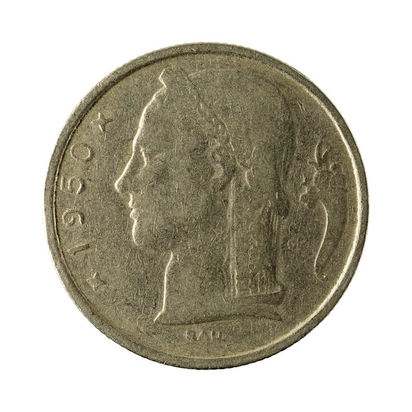 Moneta Cinque Franchi Belgi 1950 Isolata Sfondo Bianco — Foto Stock