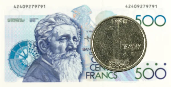 Moneda Franco Belga Contra Billete 500 Franco Belga — Foto de Stock