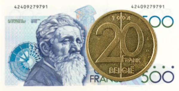 Belgiska Francen Mynt Mot 500 Belgiska Franc Noterar — Stockfoto