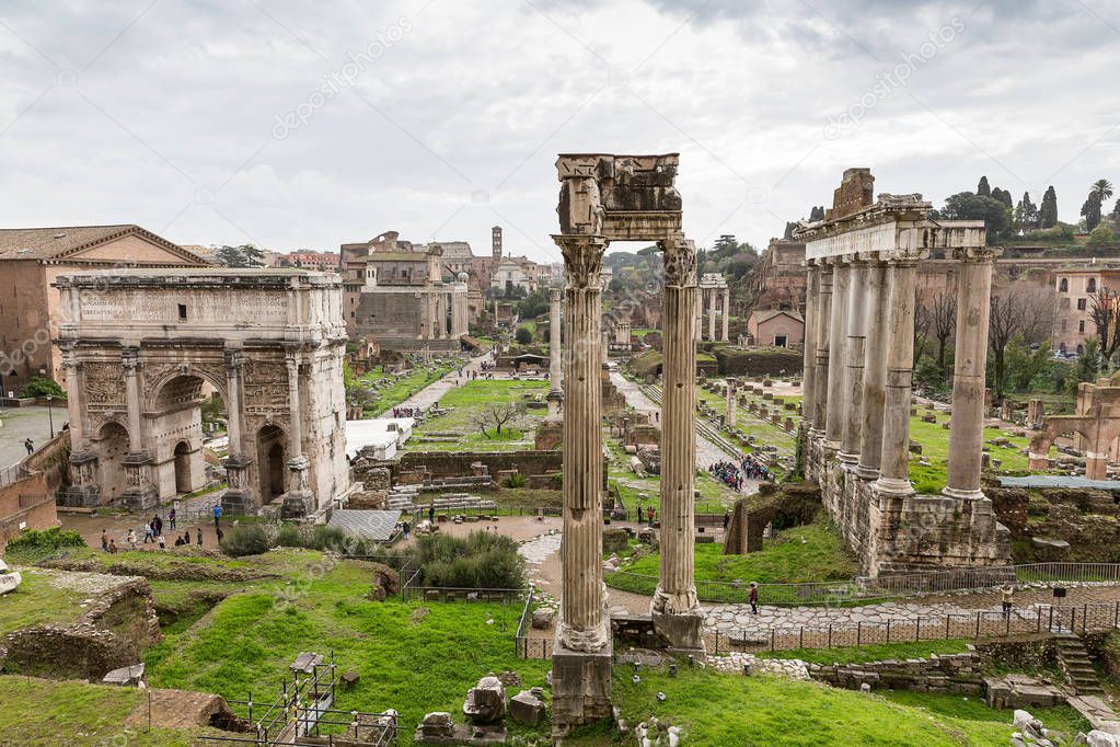 view of the ancient remains of the Roman Forum, Rome, Italy, Europe