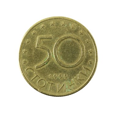 Beyaz arka plan üzerinde izole 50 Bulgar stotinka sikke (1999) yüz