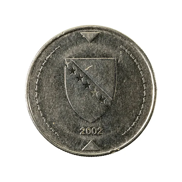 Bosnische Convertibele Mark Coin 2002 Omgekeerde Geïsoleerd Witte Achtergrond — Stockfoto