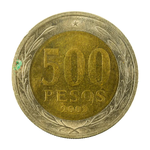 500 Chileense Peso Munt 2002 Voorzijde Geïsoleerd Witte Achtergrond — Stockfoto