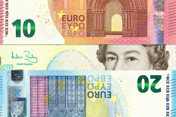 Moedas Internacionais Incluindo Euro Libra Esterlina Britânica Formando Fundo — Fotografia de Stock