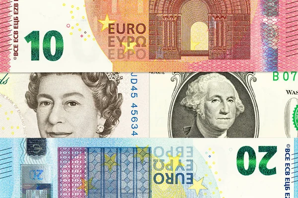 International Currencies Including Euro British Pound Sterling Dollar Forming Background — Stock Photo, Image