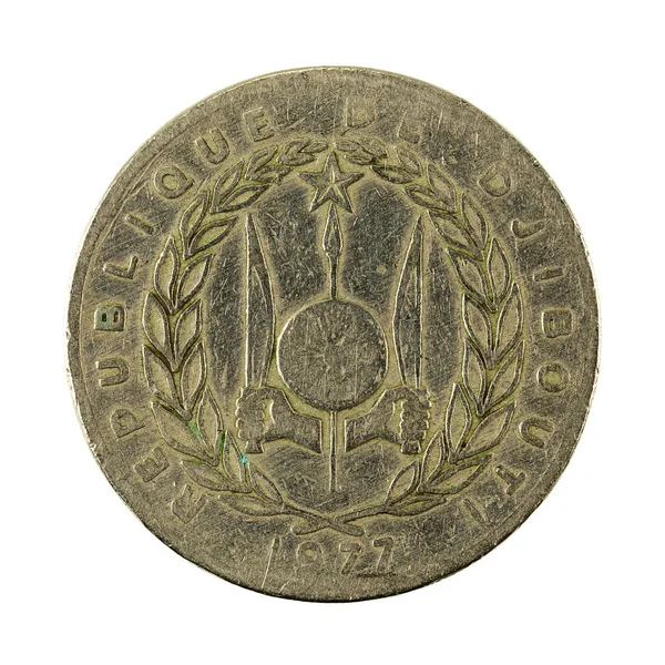 100 Του Τζιμπουτί Φράγκο Νόμισμα 1977 Αντίστροφη Απομονώνονται Λευκό Φόντο — Φωτογραφία Αρχείου