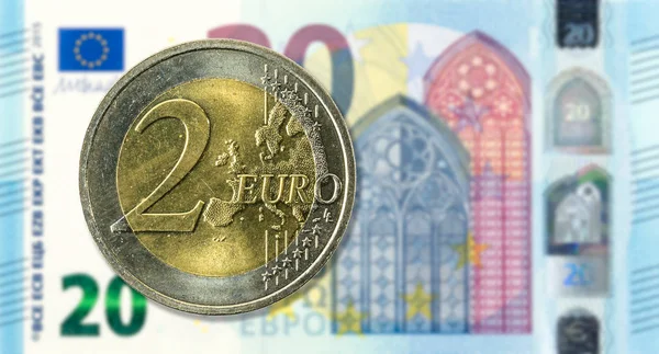 Moneda Euros Contra Billete Banco Euros Anverso Marco Completo — Foto de Stock