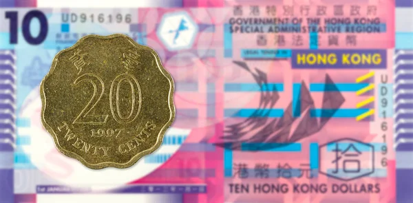 Hongkong Cent Münze 1997 Gegen Hongkong Dollar Banknote Vorderseite — Stockfoto