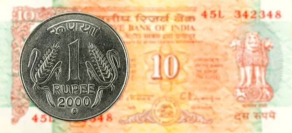 Moneda Rupia Contra Rupia India Anverso Billete Banco — Foto de Stock