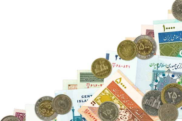 Een Heleboel Iraanse Rial Bankbiljetten Munten Met Kopie Ruimte — Stockfoto