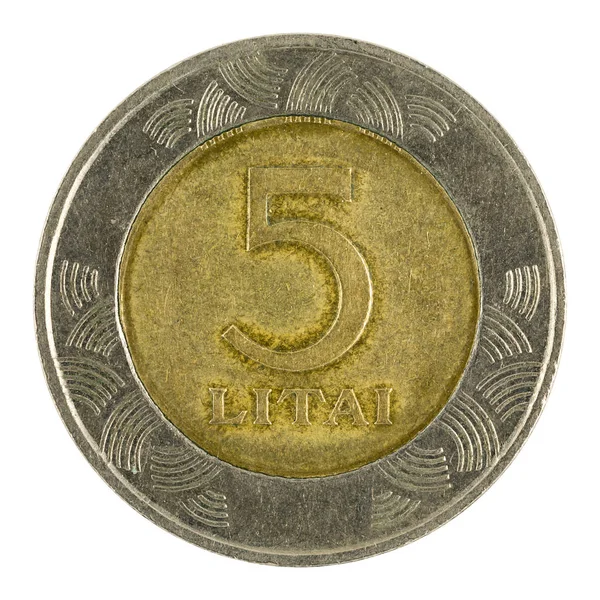 Five Lithuanian Litai Coin 1999 Isolated White Background — Stock Photo, Image