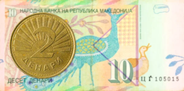 Macedonische Denar Munt Tegen Macedonische Denar Bankbiljet — Stockfoto