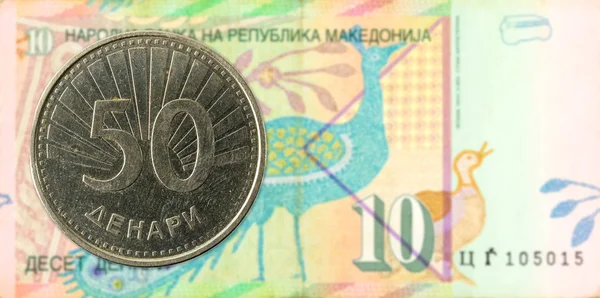 Mince Makedonský Denár Proti Makedonský Denár Bankovek — Stock fotografie