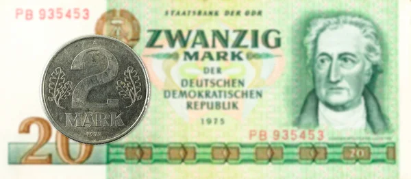 Označení Mince Proti Historické Východoněmecká Marka Bankovek — Stock fotografie