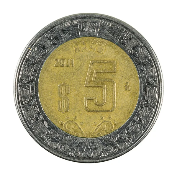 Fem Mexikanska Peso Mynt 2001 Isolerade Vit Bakgrund — Stockfoto