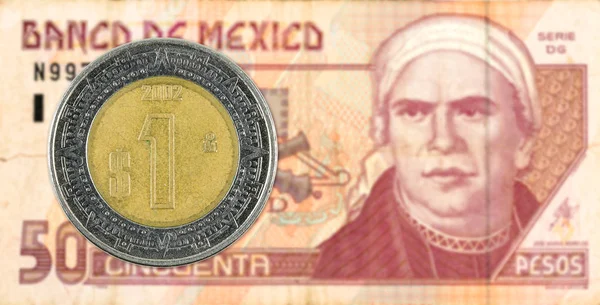 Mexigan Peso Munt Tegen Mexicaanse Peso Bankbiljet — Stockfoto