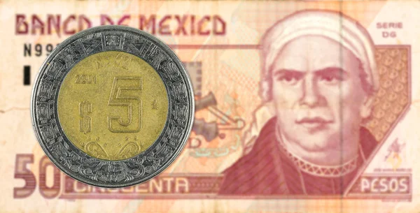 Mexigan Peso Pénzérmék Mexikói Peso Bankjegy — Stock Fotó