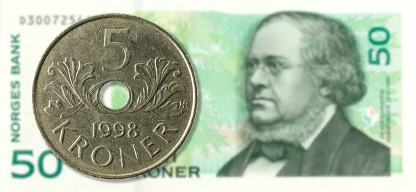 Norwegische Kronen Münze Gegen Norwegische Kronen Banknote Vorderseite — Stockfoto