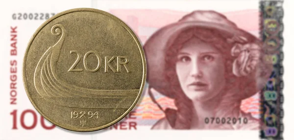 Norska Kronor Mynt Mot 100 Norska Kronor Sedeln Frånsida — Stockfoto