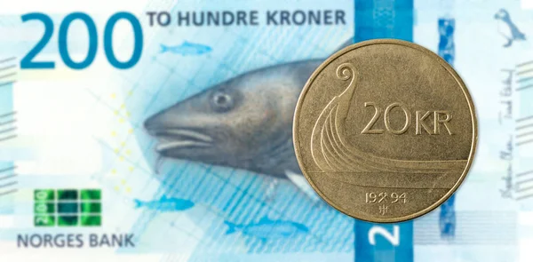 Norské Mince Proti Nové 200 Norská Koruna Bankovek Líci — Stock fotografie