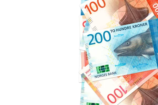 Algunos Billetes Nuevos 100 200 Coronas Noruegas Con Espacio Para — Foto de Stock