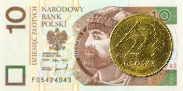 Polish Groszy Coin Polish Zloty Bank Note — Stock Photo, Image