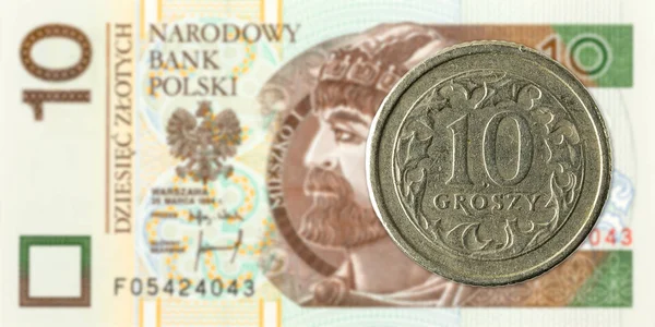 Polskich Monet Groszy Przeciwko Polski Złoty Banknot — Zdjęcie stockowe