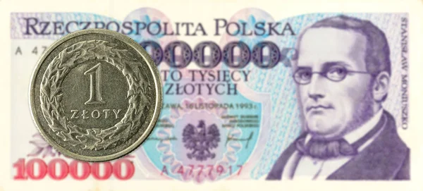 Polska Zlotyn Mynt Mot 100000 Polska Zlotyn Sedel — Stockfoto