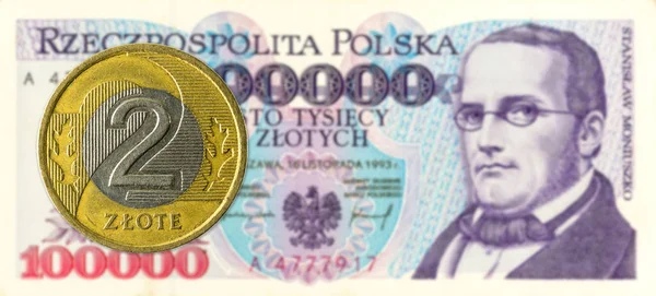 Moedas Zloty Polonês Contra 100000 Notas Zloty Polonês — Fotografia de Stock