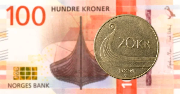 Noruego Moneda Contra Nuevo 100 Noruego Corona Nota Banco Anverso — Foto de Stock