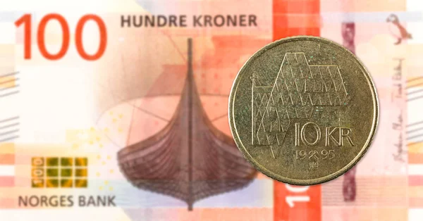 Norské Mince Proti Nové 100 Norská Koruna Bankovek Líci — Stock fotografie