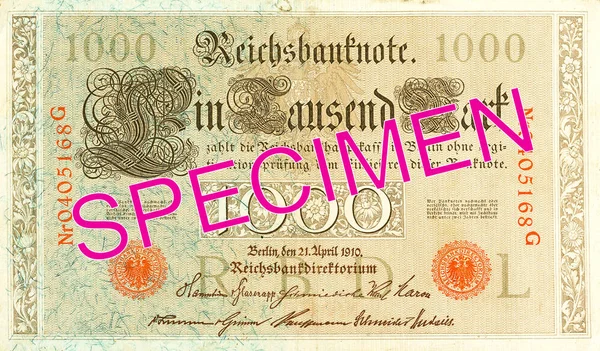 1000 Reichsmark Bank Obs 1910 Åtsidan — Stockfoto