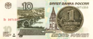 1 Rus kopeyka madeni para 10 Rus Rublesi banknot karşı