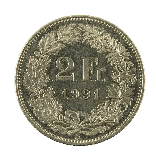 Schweizer Franken Münze 1991 Vorderseite Isoliert Auf Weißem Hintergrund — Stockfoto