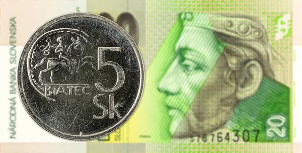 Словацька Крона Монета Проти Словацька Крона Банкнота Аверс — стокове фото