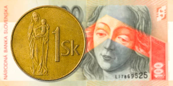 Pièce Couronne Slovaque Contre 100 Billets Banque Couronne Slovaque Avers — Photo